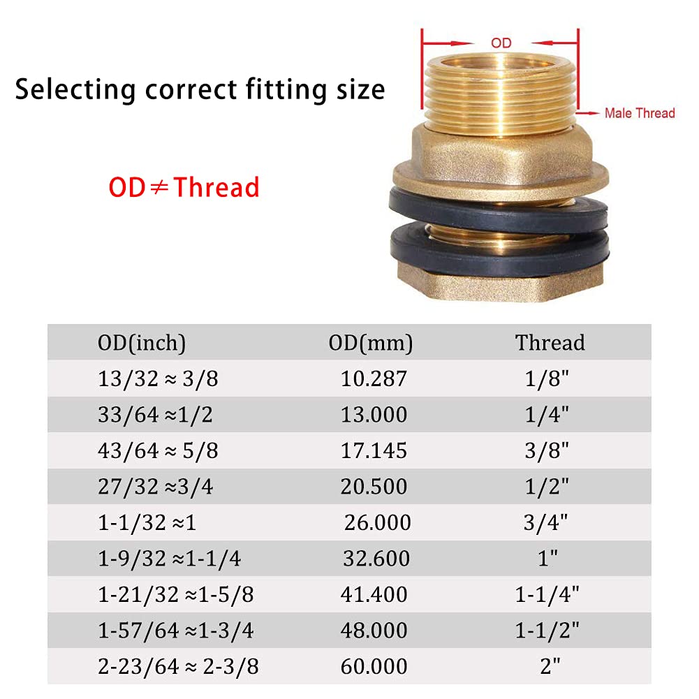 Joywayus 1-1/2" Female 2" Male Soild Brass Water Tank Connector Bulkhead Tank Fitting With 2 Rubber Ring Stablizing