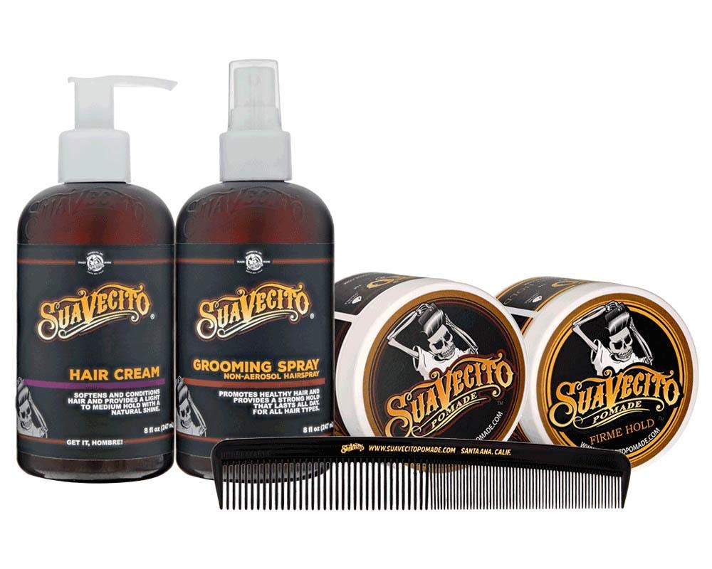 Suavecito Men's 5 PC Hair Kit - Original & Firme (Strong) Hold Medium Shine Pomade, Hair Cream and Grooming Spray, Large Deluxe Comb