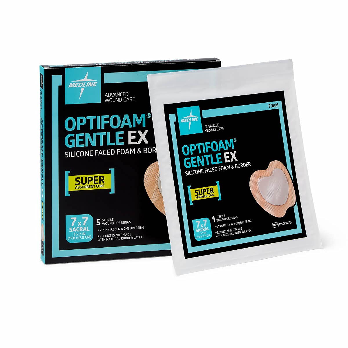 Medline Optifoam Gentle EX Bordered Foam Adhesive Dressing, 7" x 7" Sacral (5 Count)