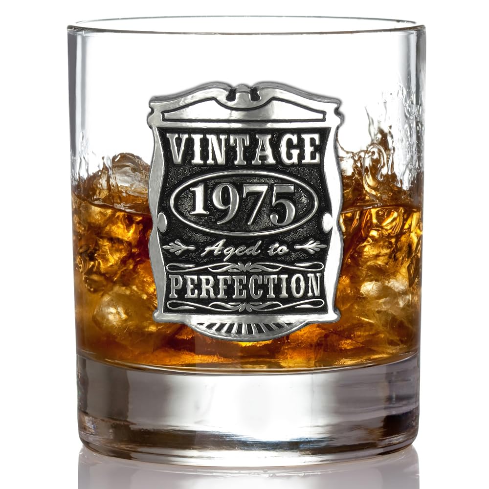 English Pewter Company Vintage Years 1975 50th Birthday or Anniversary Old Fashioned Whisky Rocks Glass Tumbler - Unique Gift Idea For Men [VIN003]