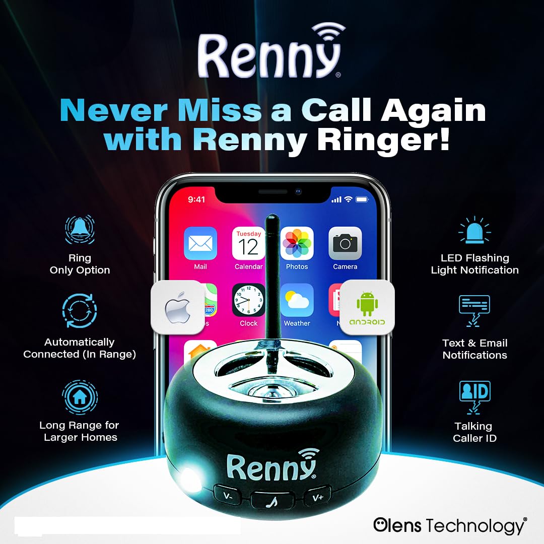Renny - The Loud Cell Phone Ringer, Amplifier & Flasher for The Hearing Impaired (117dB) | Auto-Connects Wirelessly via Bluetooth | External Ringtones | Text/Email Notifications | Talking Caller ID