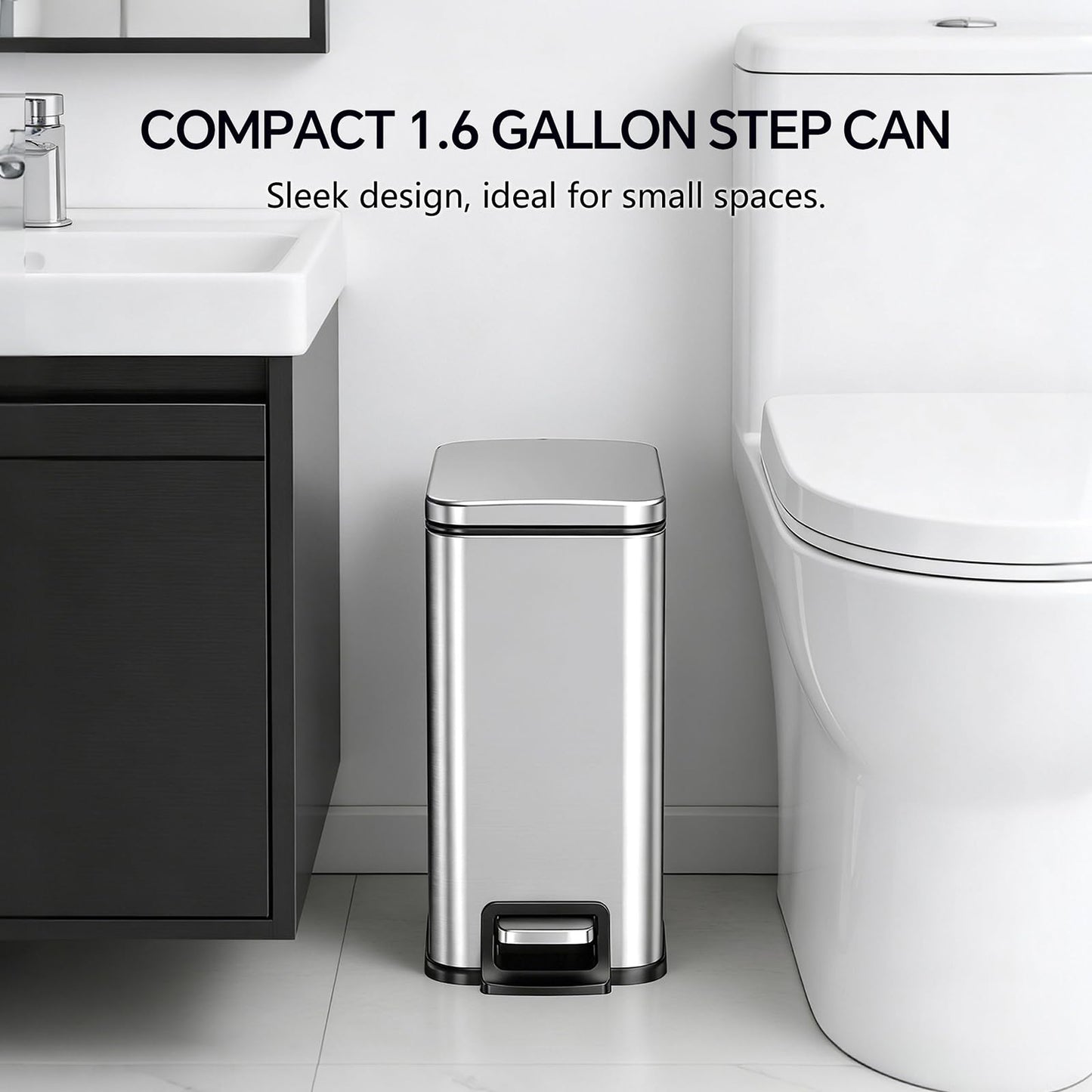ZABINS 13 Gallon Trash Can (50L) and 1.6 Gallon (6L) Kitchen Trash Can Combo Set, Stainless Steel Garbage Can with Lid and Step-on Pedal, Soft Close Waste Bin with Inner Bucket for Home & Office