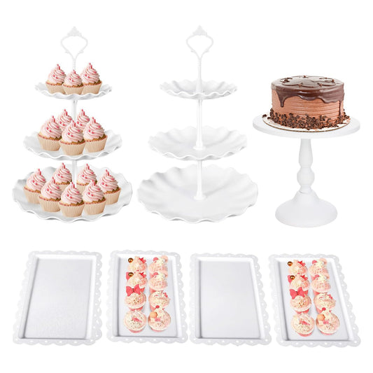 7 Pcs Dessert Table Stand Set 2 Pcs 3-Tier Plastic Cupcake Stands 1 Pc Metal White Cake Stand for Party Cookie Tray Rack Serving Tray Display Tower for Wedding Baby Shower