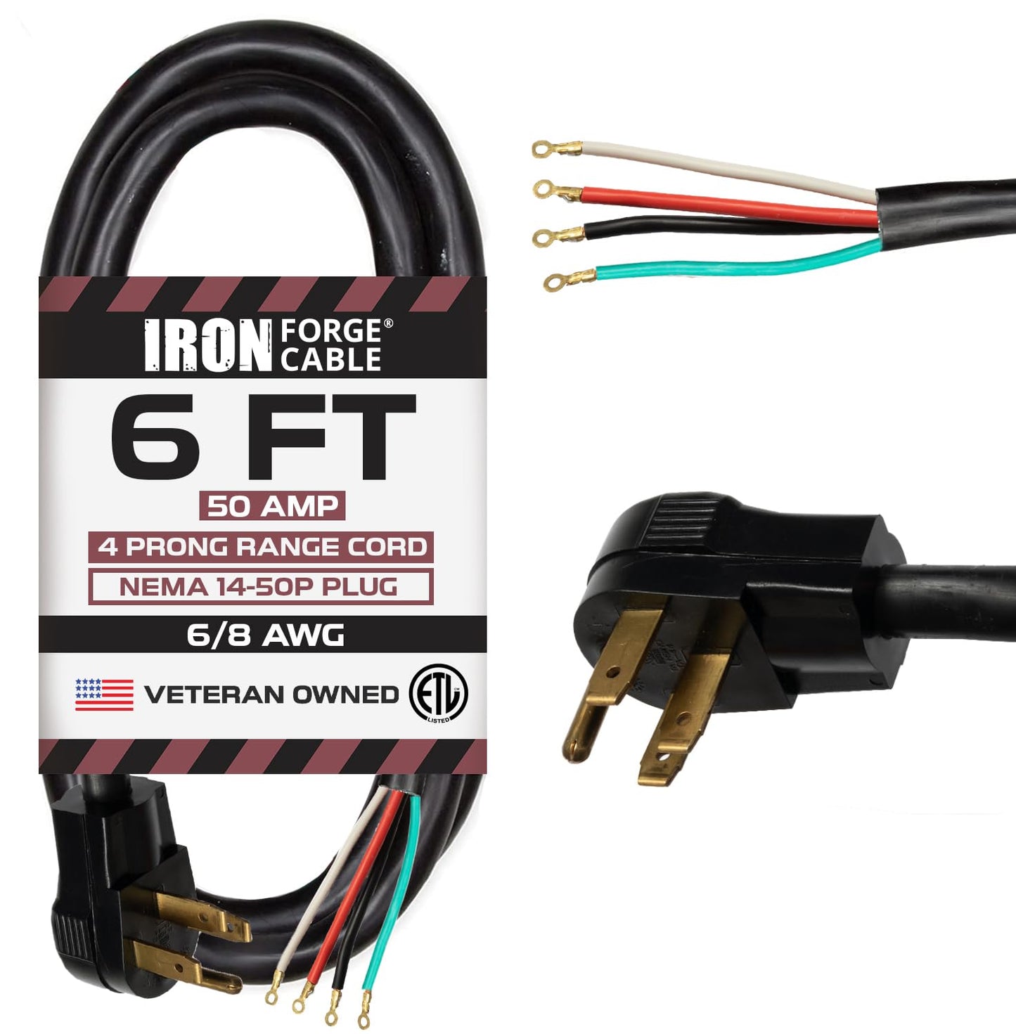 Iron Forge Cable 4 Prong Black Range Power Cord 6 ft - 50 Amp RV Extension Cord - Heavy Duty 6/8 AWG - NEMA 14-50P Flat Plug 4 Wire Dryer & EV Cord