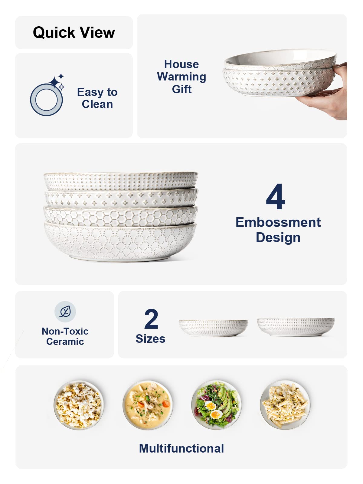 LE TAUCI Pasta Bowl 36 oz, Salad Bowl Serving Plate Bowls, Housewarming Wedding Present, Ceramic Embossment Bowl for Pasta, Fruits, Salad, Noodle, Dinner - 8 Inch, Set of 4, Arctic White