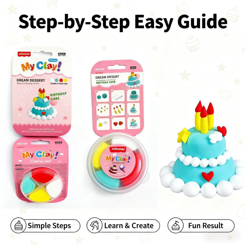 Air Dry Clay Dessert Kit for Kids - 12 Mini Dessert DIY Crafts with Tools, Birthday Cake & Ice Cream Pretend Food, Non-Toxic Arts & Crafts Gifts For girls and boys ages 5 and up