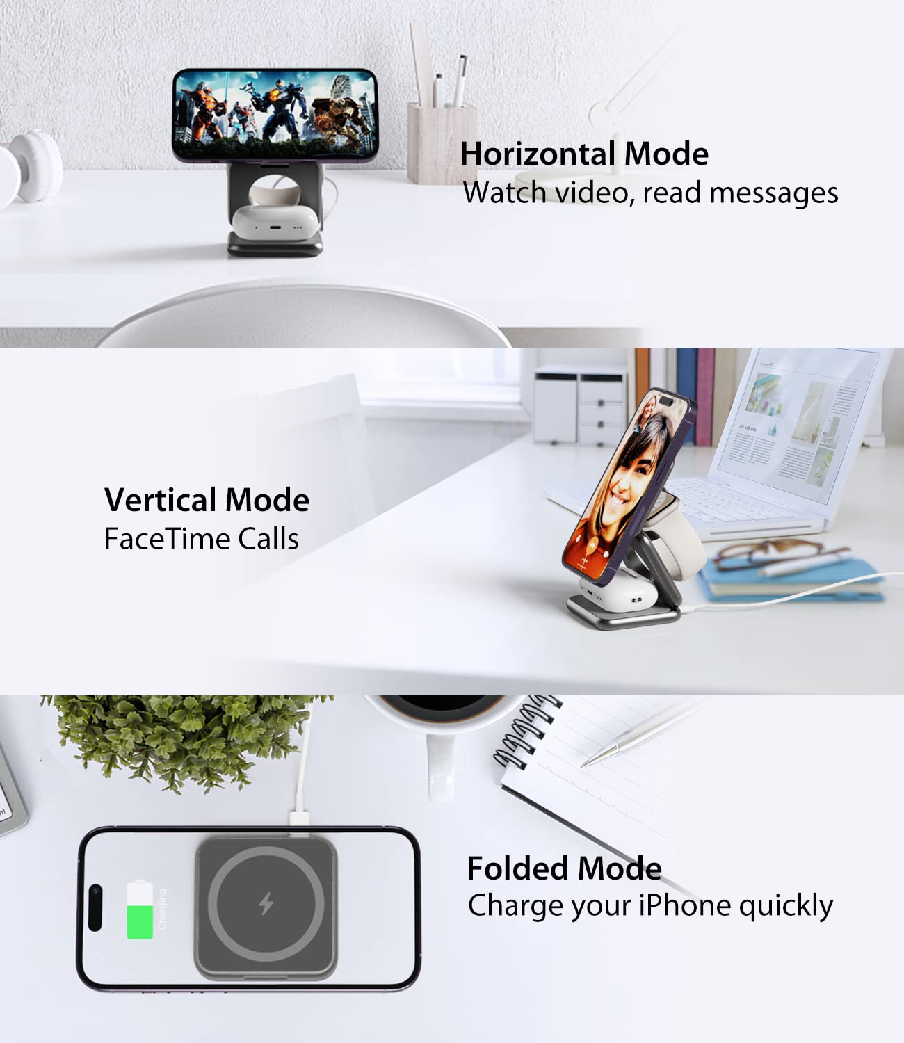 Foldable Magnetic Wireless Charger, KU XIU X40 Aluminum Alloy 3 in 1 Charging Station for Apple, Fast Magnetic Charger Stand for iPhone 17 16 15 14 13 12 Series, 5W for iWatch, AirPods 3/2/Pro, Gray