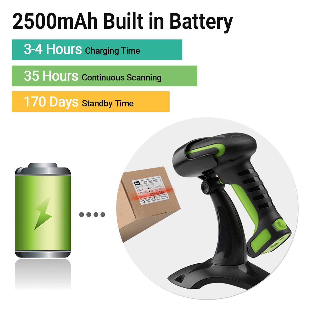 Tera Pro (Extreme Performance) Industrial Wireless Barcode Scanner 2D QR 1D Bar Code Reader 2.4G Wireless 2500mAh Compatible with Bluetooth Drop Resistant for Windows Mac Android iOS Model 8100 Green