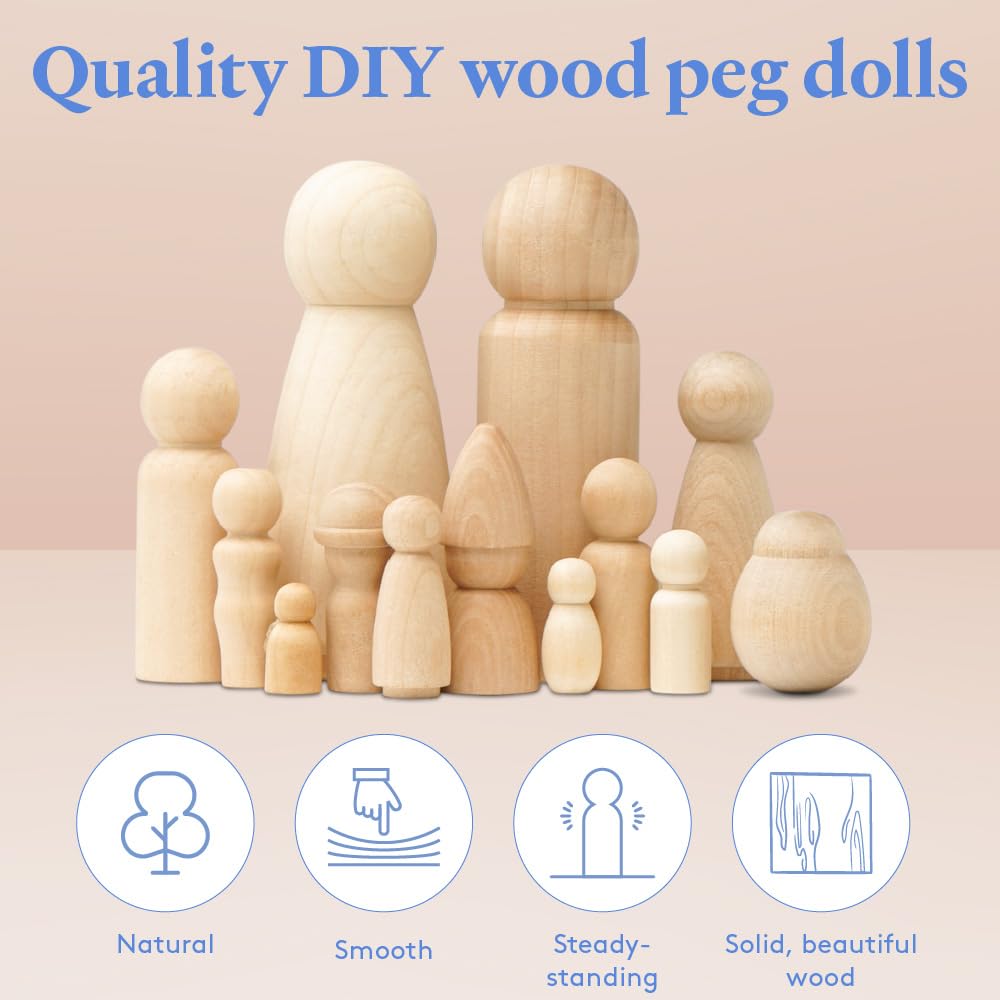 Large Wooden Peg Dolls 3-1/2 inch, Pack of 25 Unfinished Jumbo Dad Peg Doll Figures for Peg People Crafts