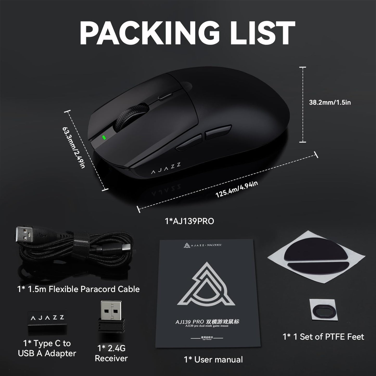 A.JAZZ AJ139 G Pro 4K Wireless Gaming Mouse Ultra-Lightweight with Dual Mode-Type C Wired/2.4Ghz USB Receiver up to 26000DPI 6 Programmable Button Ergonomic Symmetric for PS4 Xbox PC Mac Gamer(Black)