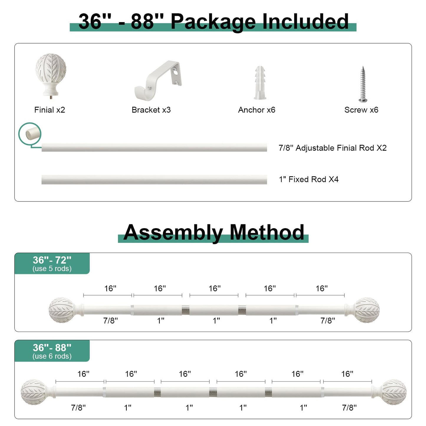 QDWIS Antique White Curtain Rods for Windows 48 to 84 inch,1" Adjustable Heavy Duty Window Curtain Rod with Leaf Finials,Rustic Decorative Drapery Rods Set,Size:36-88''