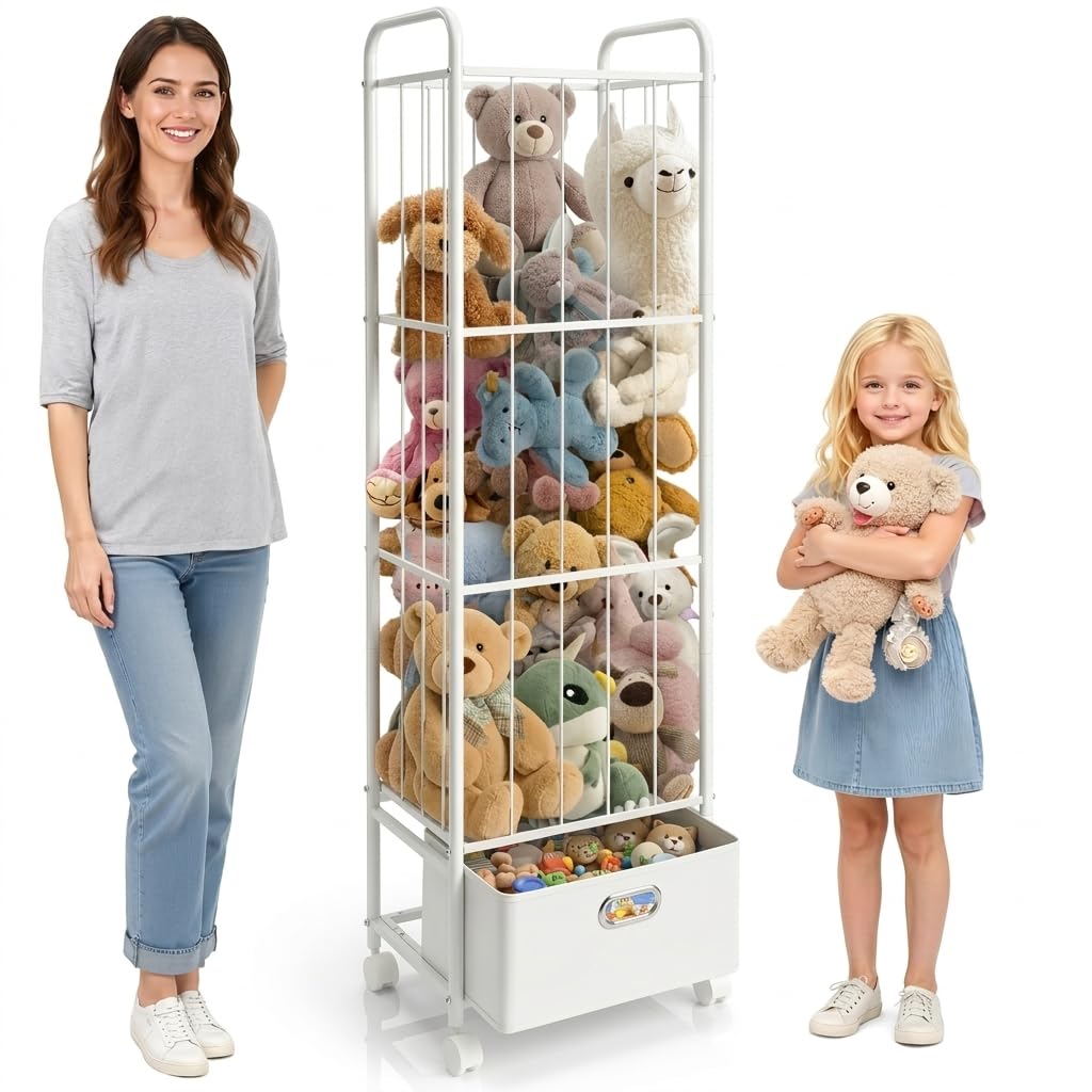 Puppiluv Stuffed Animal Storage, Metal Stuff Animals Zoo Holder with Fabric Drawer and Wheels Tall Vertical Plushies Toy Organizer Plush Storage Cage with Elastic Band for Nursery Playroom Corner