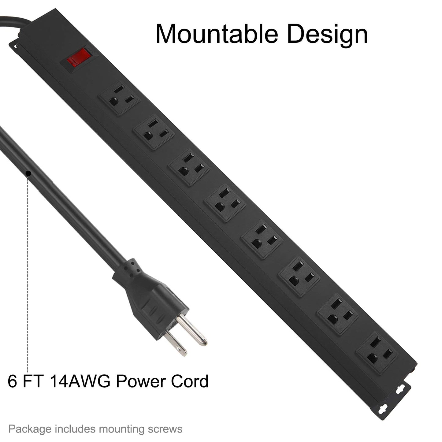 2Pack Metal 8 Outlet Mountable Power Strip, Wall Mount Outlet Heavy Duty, Wide Spaced Commercial Shop Power Strip with Switch, 6 FT SJT 14AWG Power Cord.