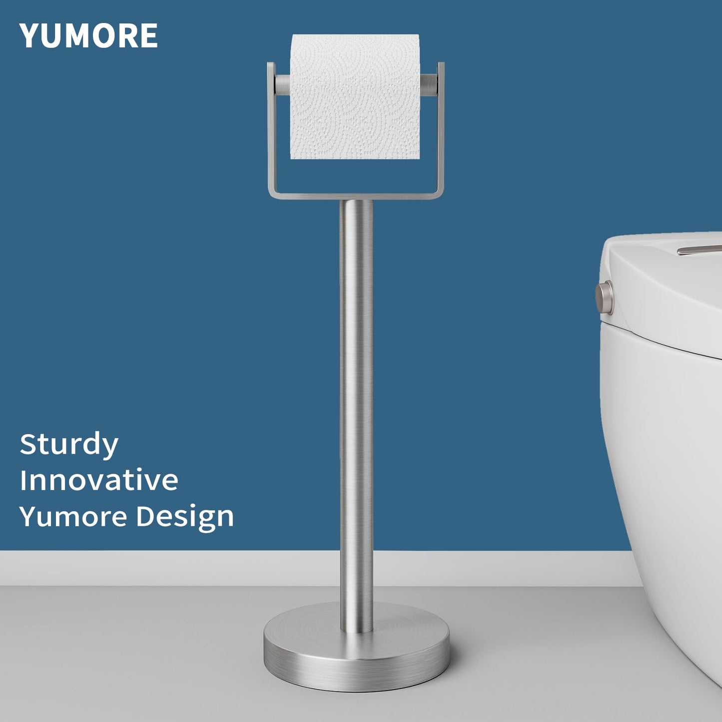 YUMORE Toilet Paper Holder Free Standing, Stainless Steel Toilet Paper Stand, Weighted Base Floor Tissue Roll Holder for Bathroom, Brushed Nickel 200UP