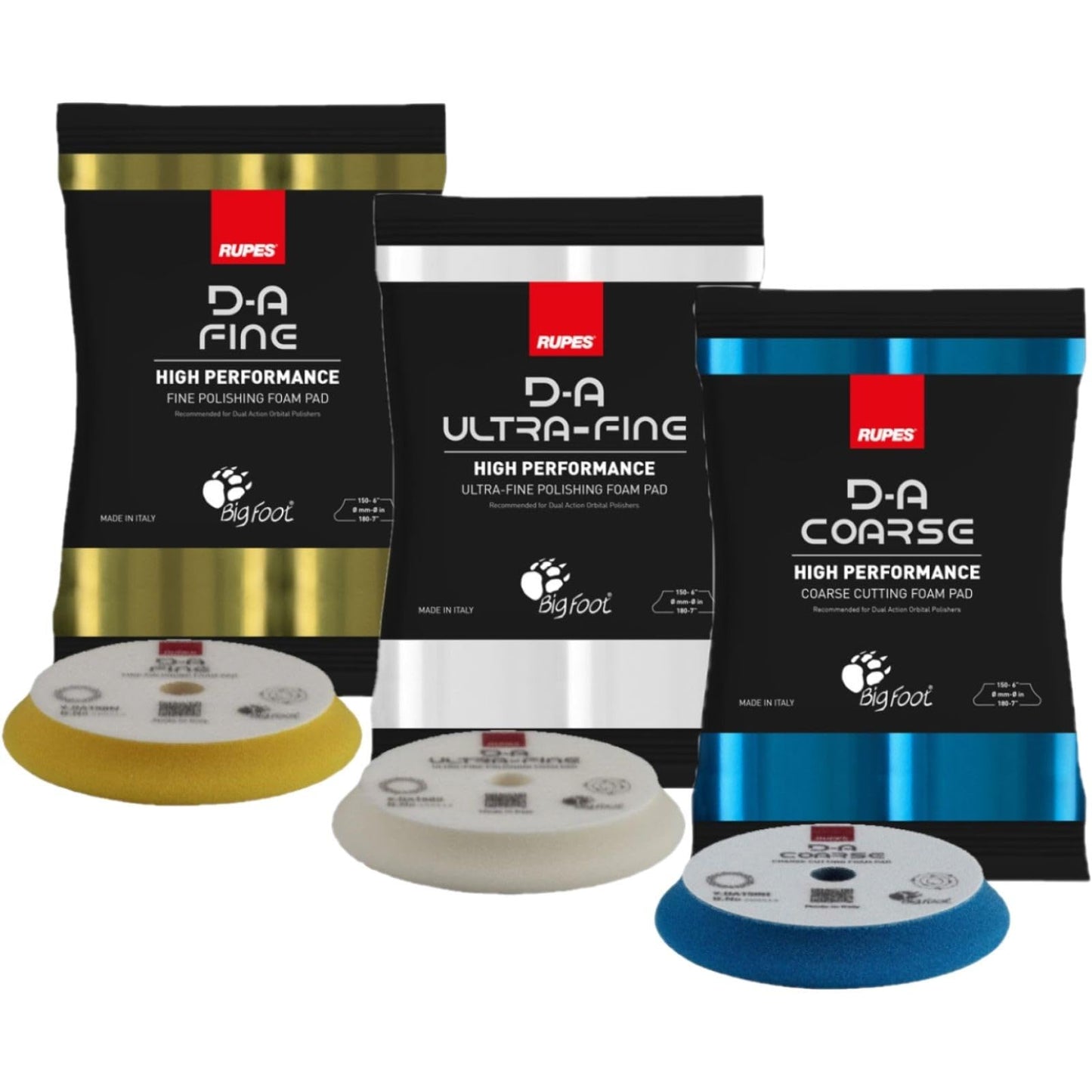 RUPES D-A Series 6" Orbital Foam Polishing Pads Bundle - Includes 2 Fine, 2 Ultra Fine and 2 Coarse Foam Pads - Tailored to Meet The Diverse Needs of Automotive Detailing