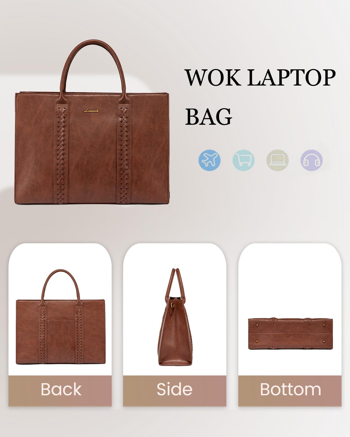 LOVEVOOK Laptop Tote Bag for Women, Vintage Leather Work Bags, 15.6 Inch Laptop Bag With Cup Holder, Waterproof Computer Purse, Professional Briefcase Office Shoulder Handbag, Yellow Brown Embroidery
