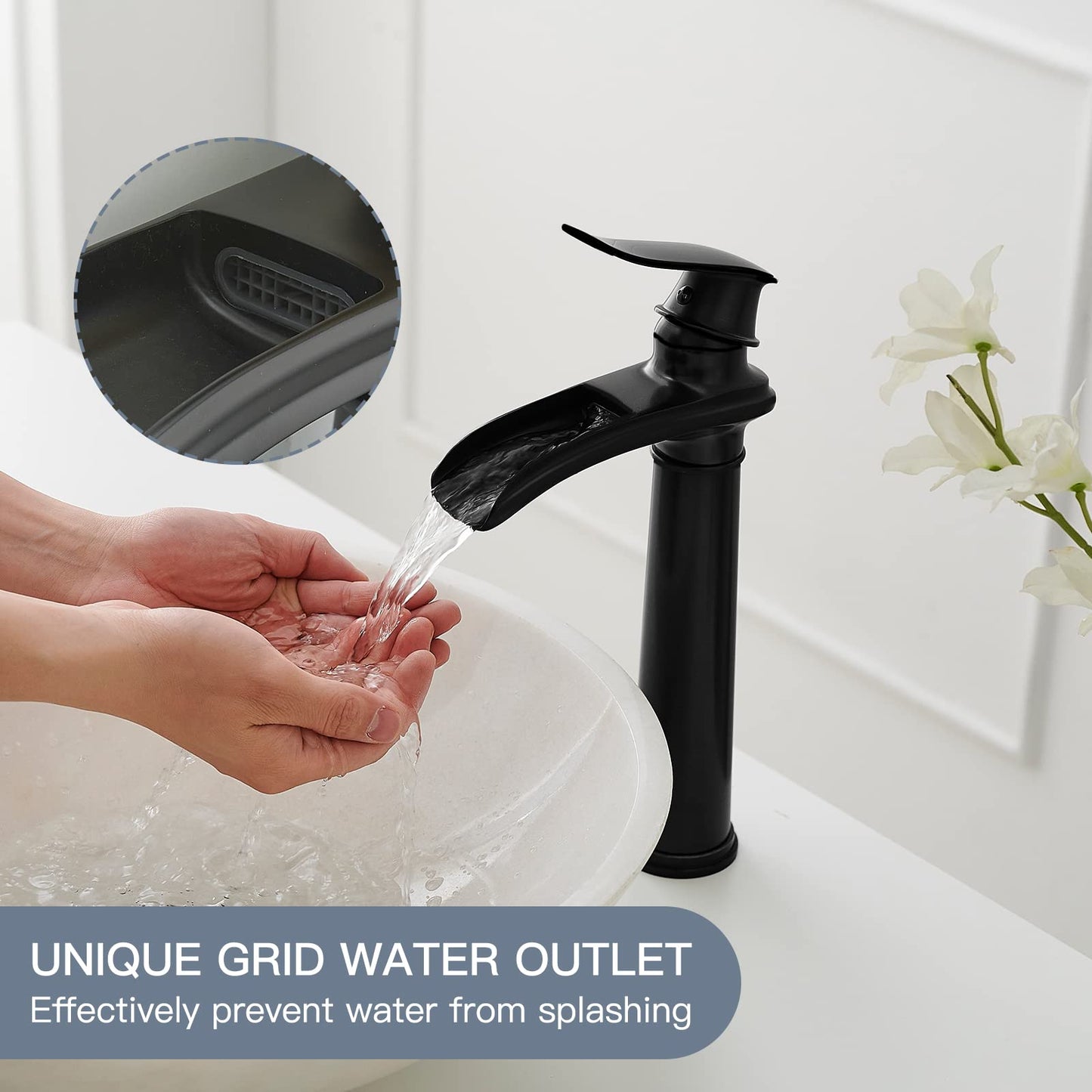 BWE Vessel Sink Faucet Waterfall Matte Black Bathroom Faucets Single Hole Single Handle Bathroom Sink Faucet Tall Vessel Faucet with Pop Up Drain and Water Supply Line