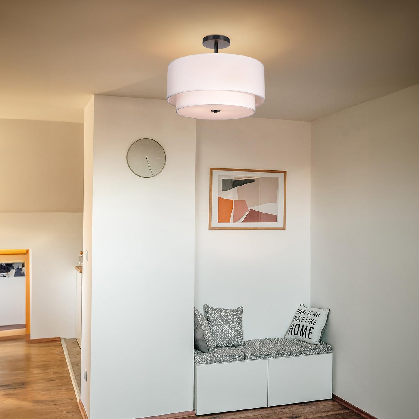 FRIDEKO HOME 3-Light Semi Flush Mount Ceiling Light,15.7 inch Ceiling Light Fixture with White 2-Layer Fabric Shade Drum Lights for Bedroom Living Room Kitchen Foyer Hallway