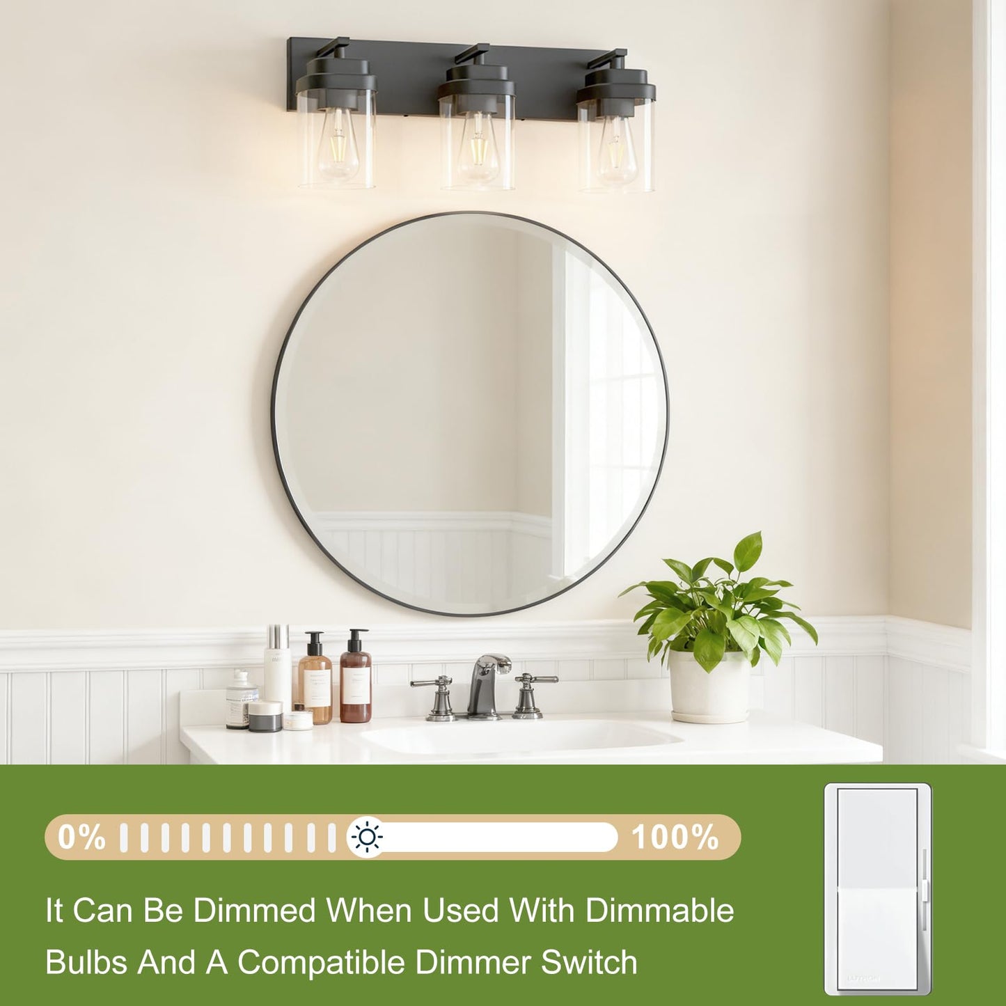LKHF Black Bathroom Light Fixtures, 3 Lights Bathroom Lighting Fixtures Over Mirror, Square Design & Rectangle Large Backplate, Modern Vanity Lighting Fixtures, for Bathroom/Living Room/Bedroom
