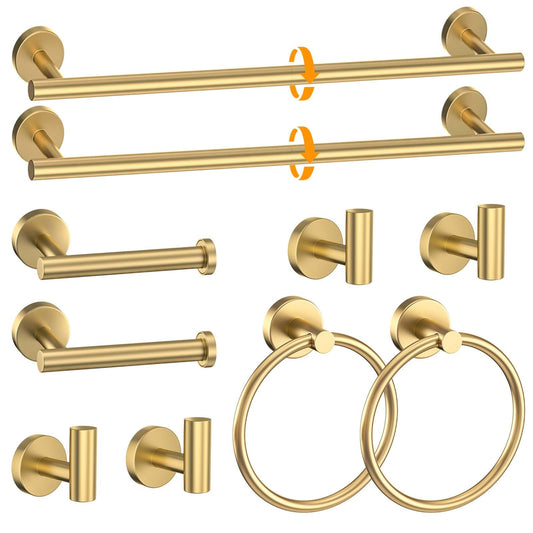 Brushed Gold Towel Bar Set 10 Pieces Round Bathroom Hardware Set Includes 23.6in Towel Bar Towel Ring Toilet Paper Holder Towel Hooks Stainless Steel Wall-Mounted Bathroom Towel Holder Set