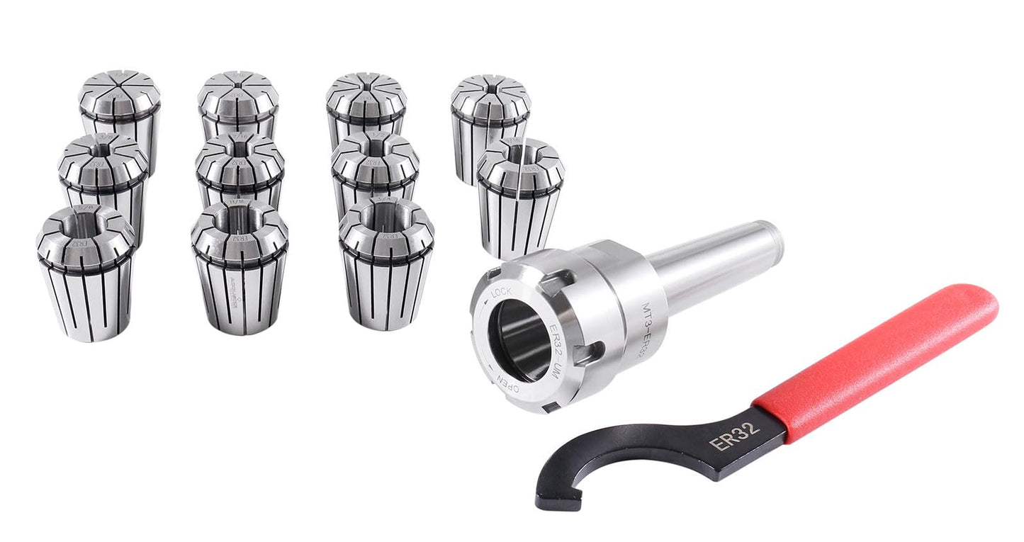 Accusize Industrial Tools Mt3 Shank Er32 Chuck with 11Pc Collets Kit, 1/8'' - 3/4'' by 16Th, Morse Taper Collet System, 0223-0304