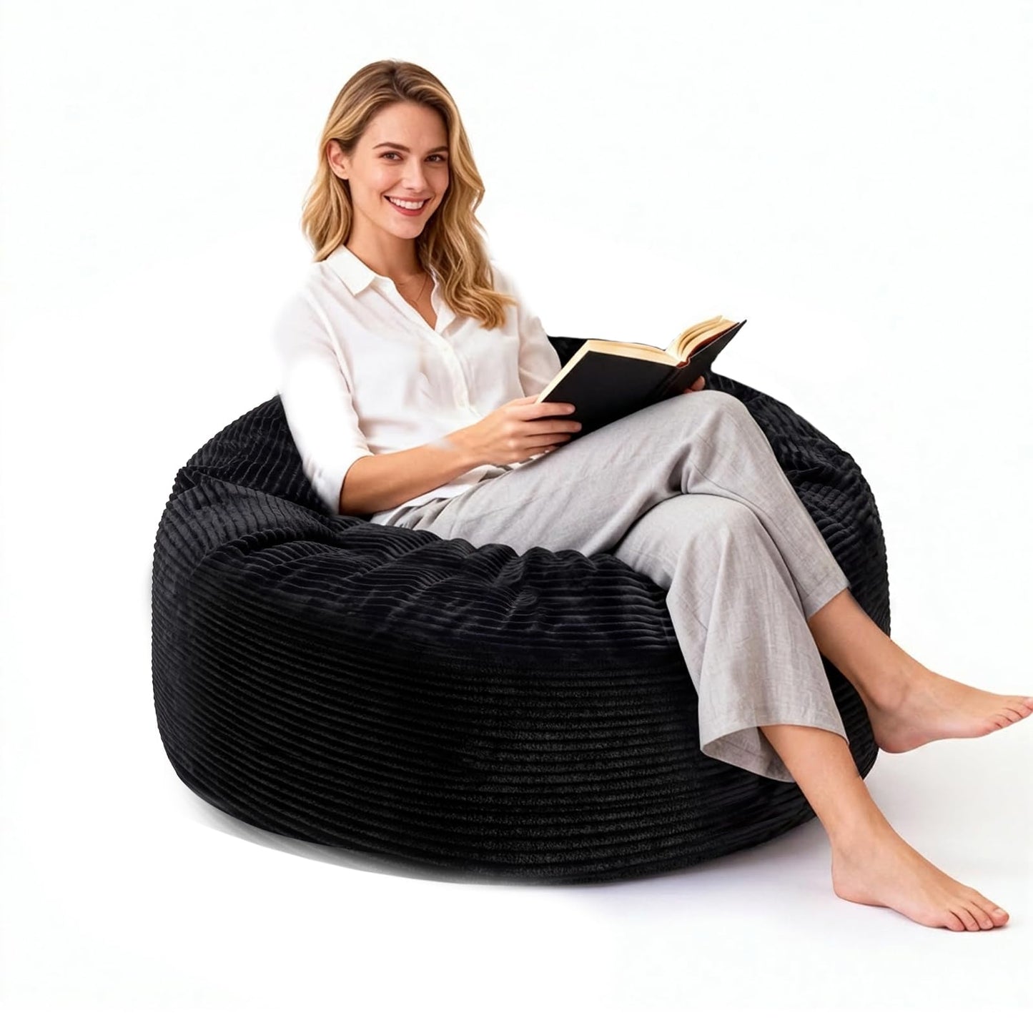 Yagamo Medium Bean Bag Chairs, 3FT Bean Bag with Memory Foam Filling, Bean Bag Chairs with Removable Striped Plush Cover, Cozy Beanbags for Living Room Bedroom Dorm Office - Black