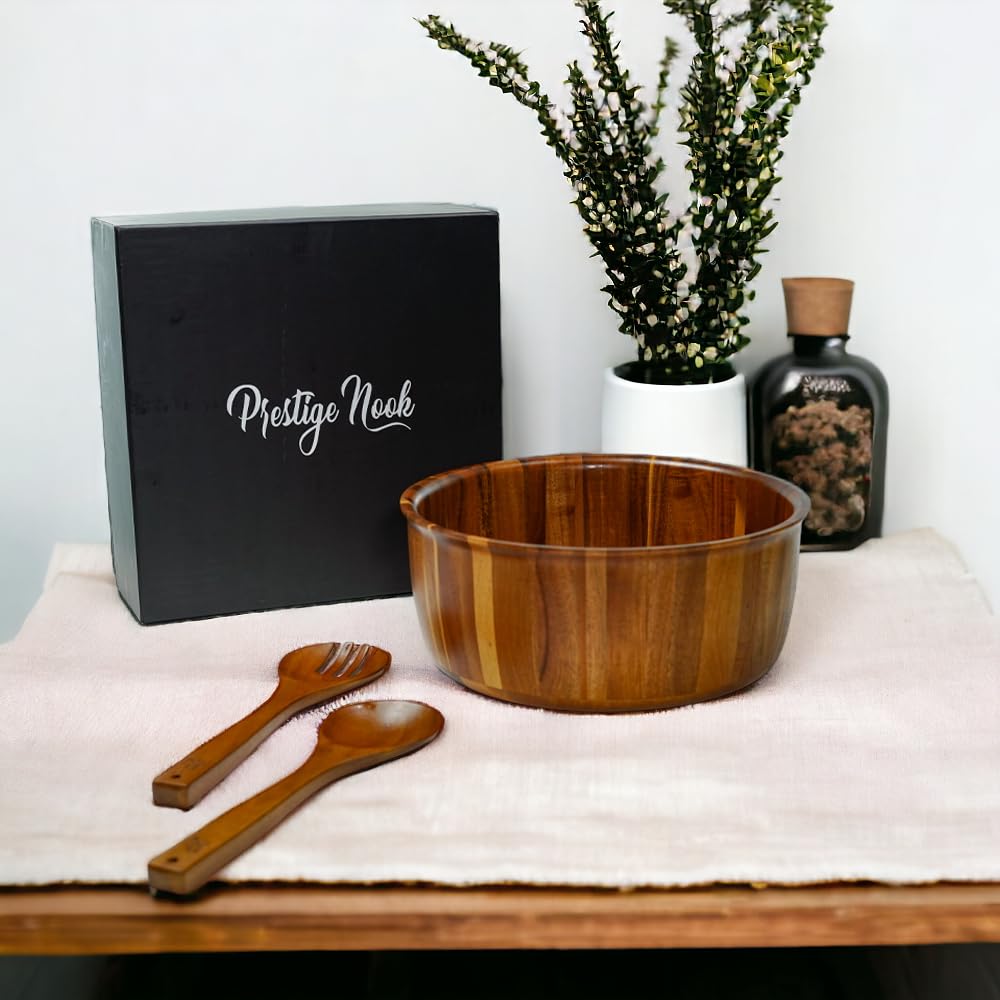 PRESTIGE NOOK Extra Large Wooden Salad Bowl - 12“ x 5” Acacia Wood Serving bowl with 2 servers, Large Fruit bowl for food with serving utensils, Housewarming Wedding Christmas Gift