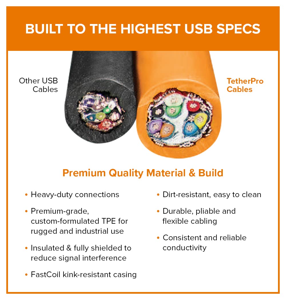 TetherPro USB-C to USB-C 5Gbps Gen 1, Right Angle, 15' (4.6m), High-Visibility Orange