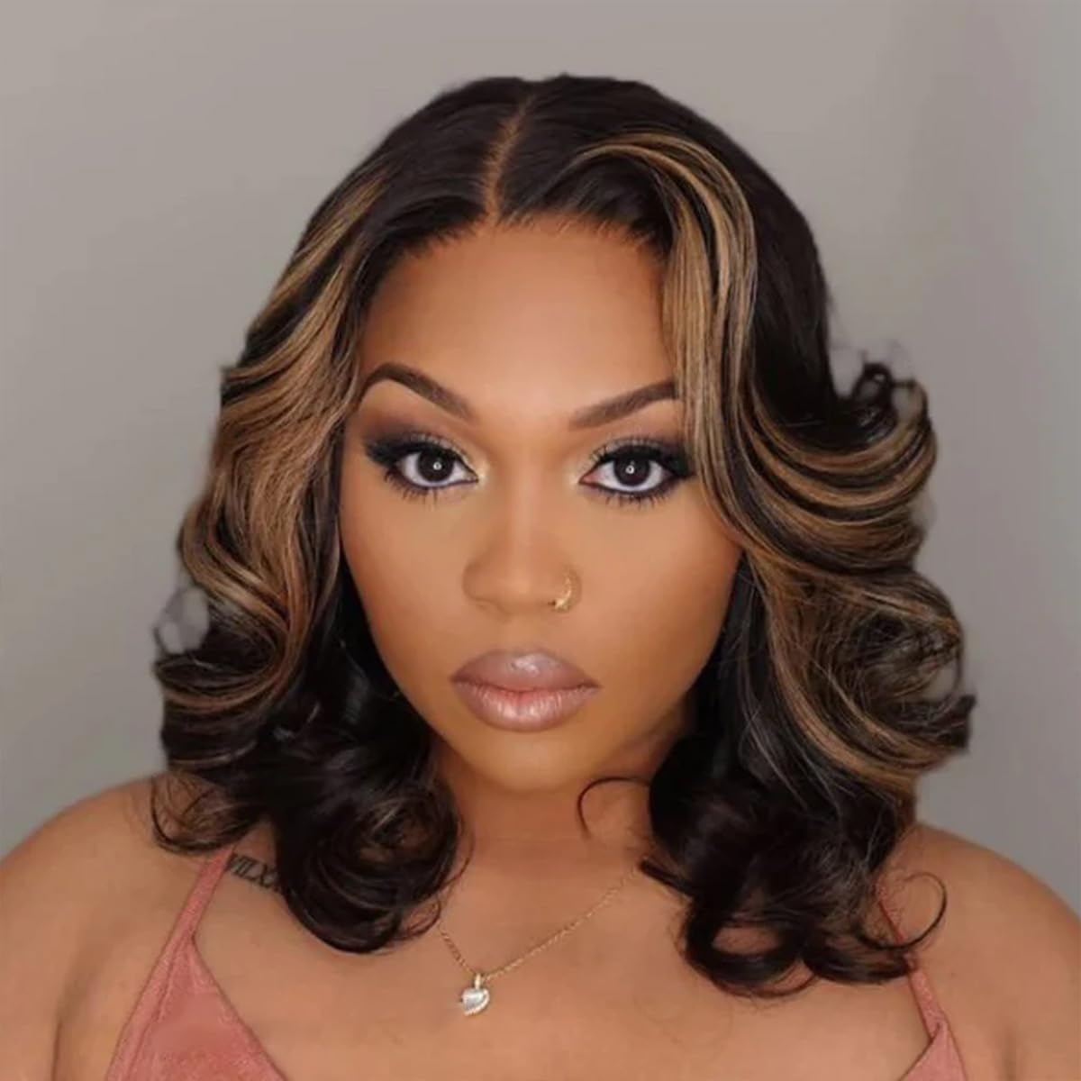 ISEE Wear Go Glueless Wigs Human Hair Pre Plucked Pre Cut Short Bob Body Wave Lace Front Wigs Human Hair for Women Upgraded Glueless Bob Wig 7x5 HD Lace Closure Wigs (Highlight Ombre, 16 Inch)
