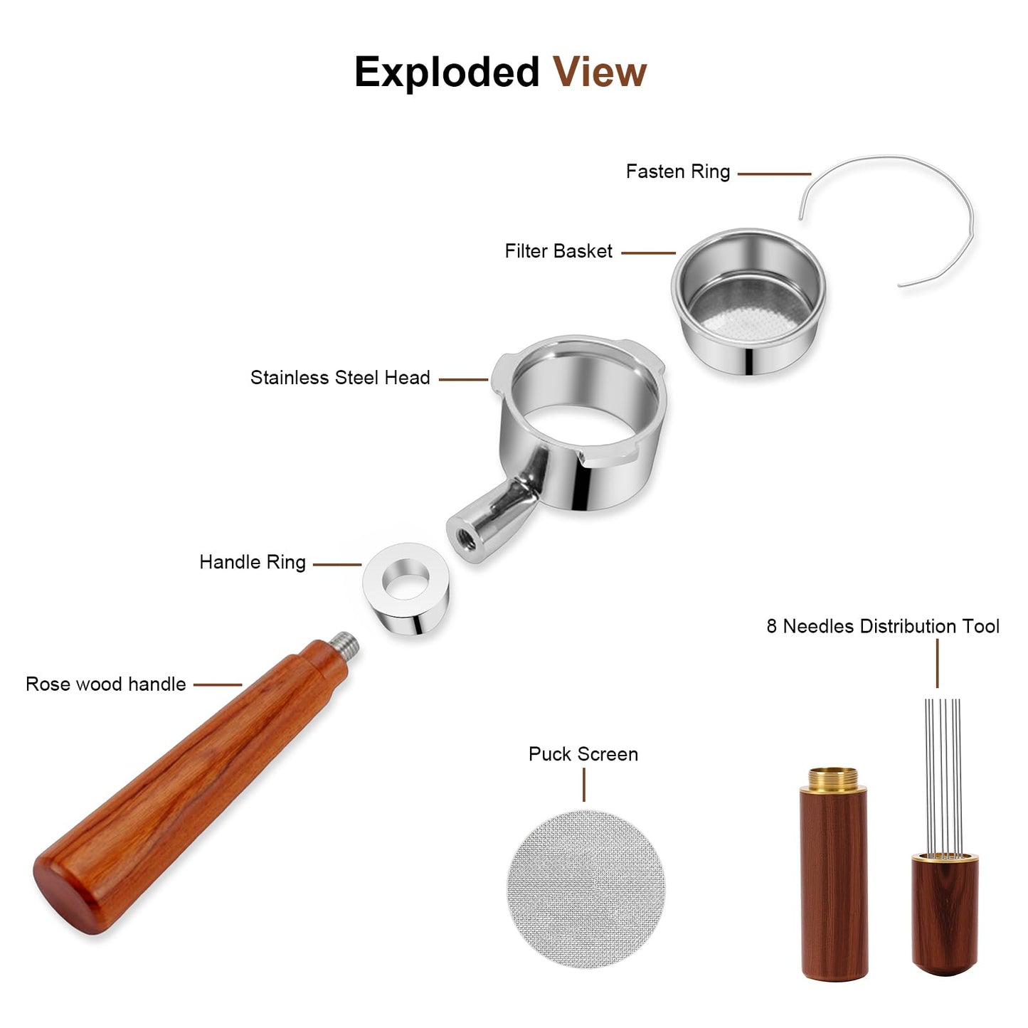 54mm Bottomless Portafilter with Puck Screen & WDT Tool – Compatible with Breville Barista Express/Pro/Touch, Bambino Plus, Infuser, Duo-Temp Pro, Filter Basket Included and Rosewood Handle