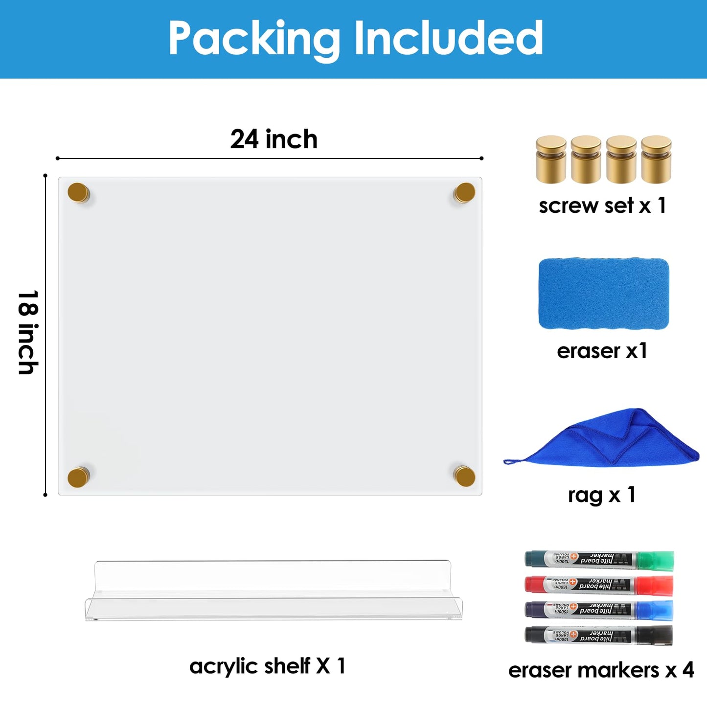 MaxGear Acrylic Dry Erase Board, 18''x24'' Clear White Board for Wall, Non Magnetic Floating White Board for Wall with Marker Holder, Markers and Eraser, for Office, School, Restuarant