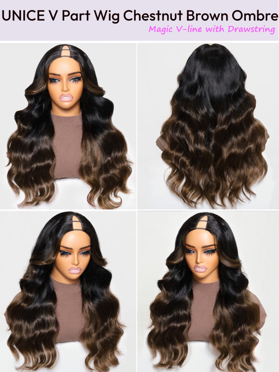 UNICE EasiContour V Part Wigs Human Hair Body Wave Upgrade Glueless U Part Human Hair Wig Chestnut Brown Ombre No Leave Out No Gel Beginner Friendly Clip in Vpart Wig 150% Density 16 Inch