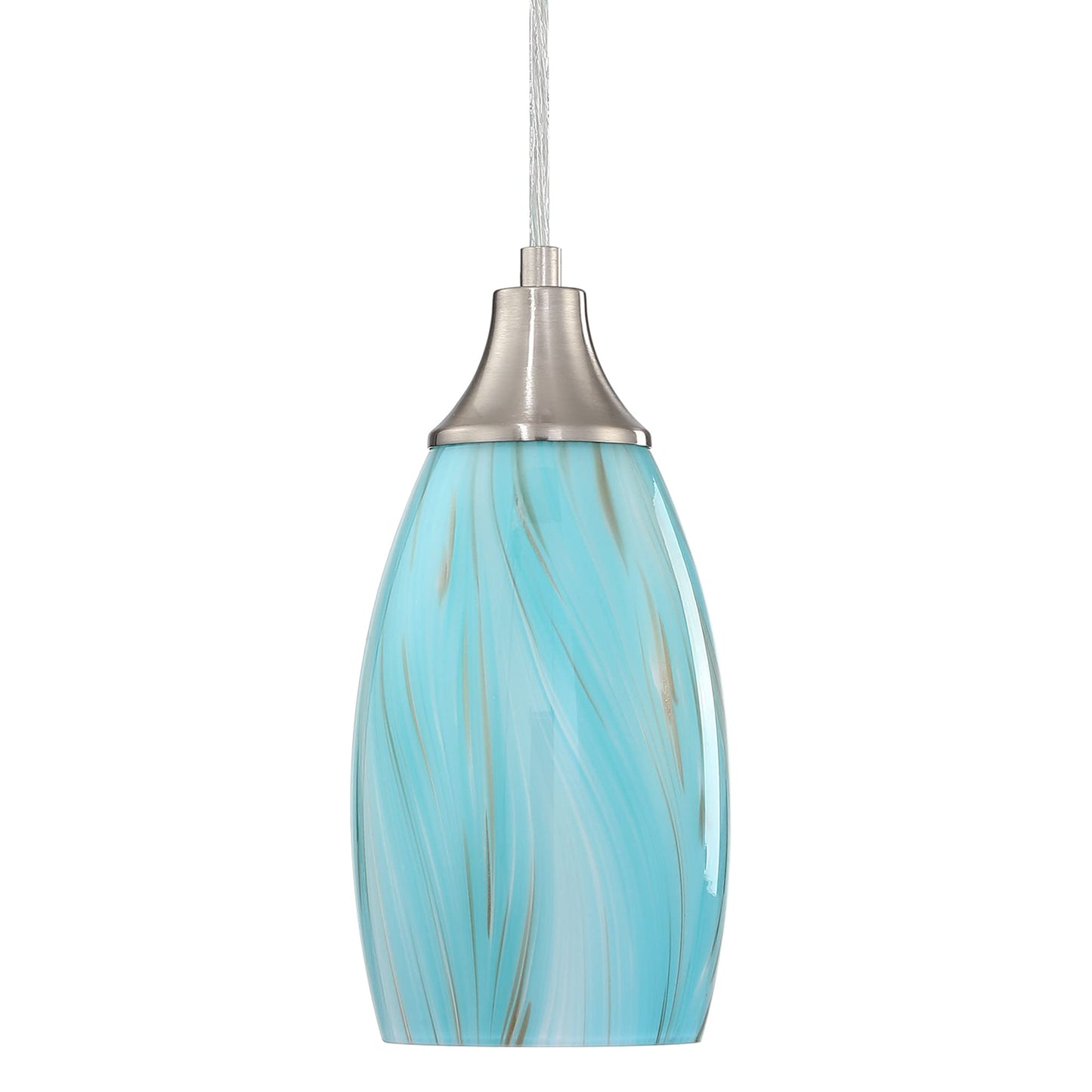 karyfine Mini Pendant Light,Handcrafted Art Glass Pendant Lighting Shade with Brushed Nickel Finished Teal Glass Ceiling Hanging lamp Adjustable Cord for Kitchen Island,Hallway,Dining Room
