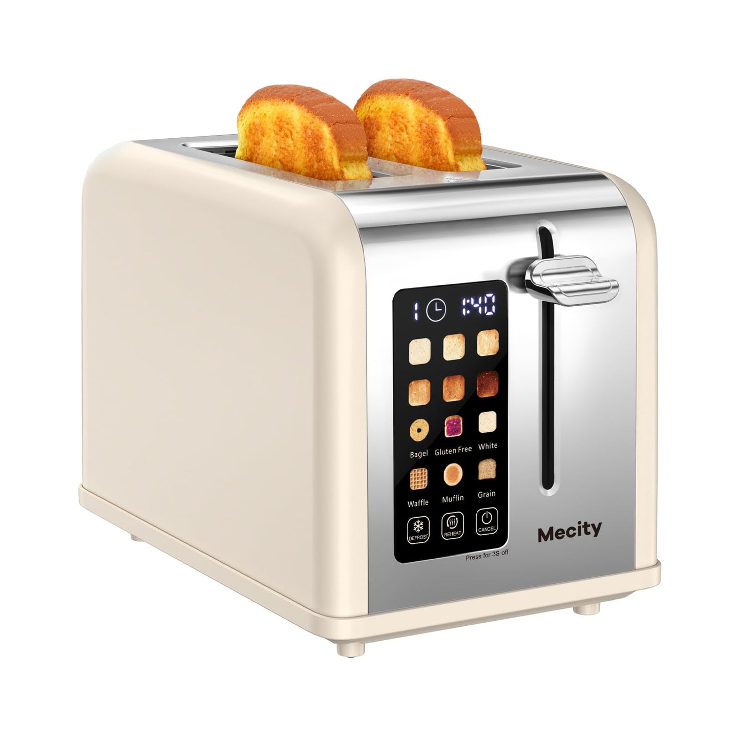 Mecity 2 Slice Touch Screen Toaster, 1.5" Wide Slot, Stainless Steel Smart Toaster for Bagels, Muffins, Waffles, Gluten-Free Breads, Defrost, Reheat, Timer, 120V 825W, Cream Color