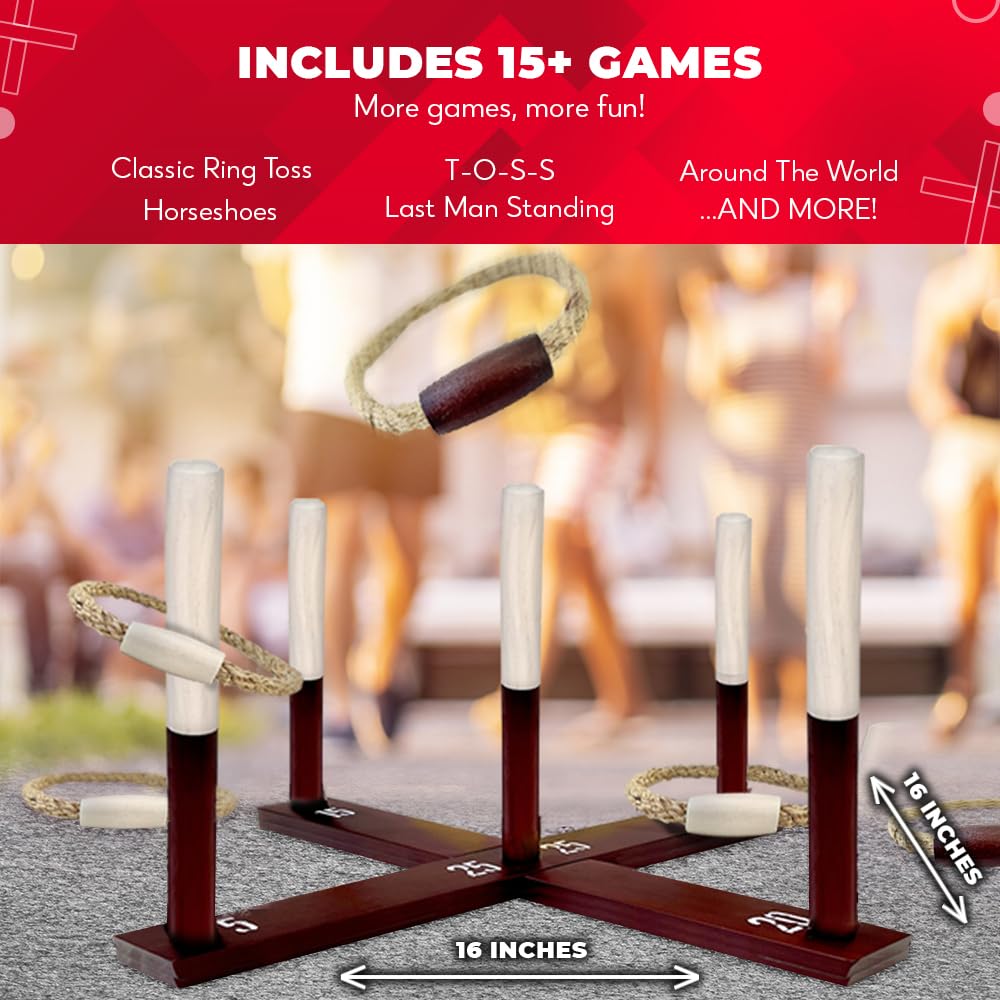 SWOOC Games - Rustic Ring Toss Game (All Weather) - Easy Setup & Extra Games Included - Outdoor Ring Toss Game for Adults and Kids - Yard Activity For Adults - Oversized Lawn Activity - Rope Throw Set