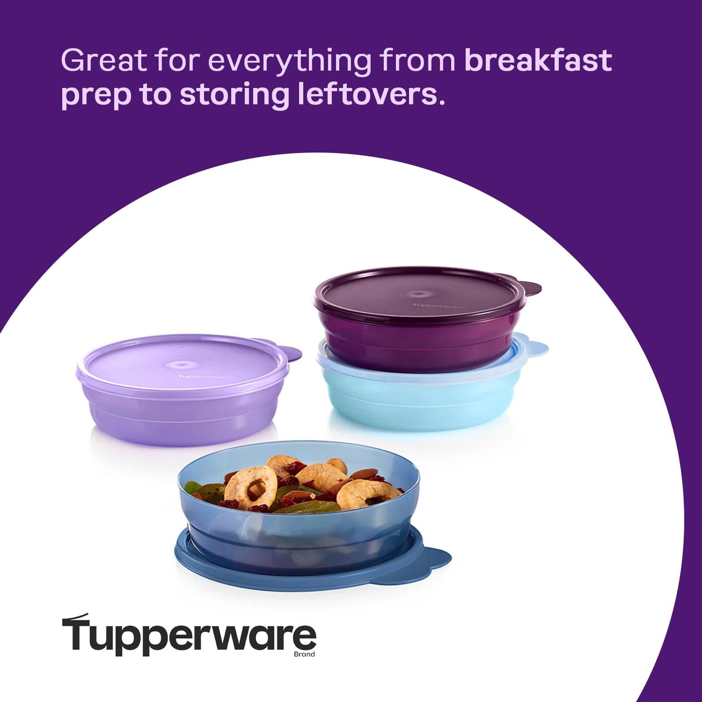 Tupperware Microwave Reheatable Cereal Bowls Set, Dishwasher Safe and BPA Free (4 Bowls, 4 Lids)