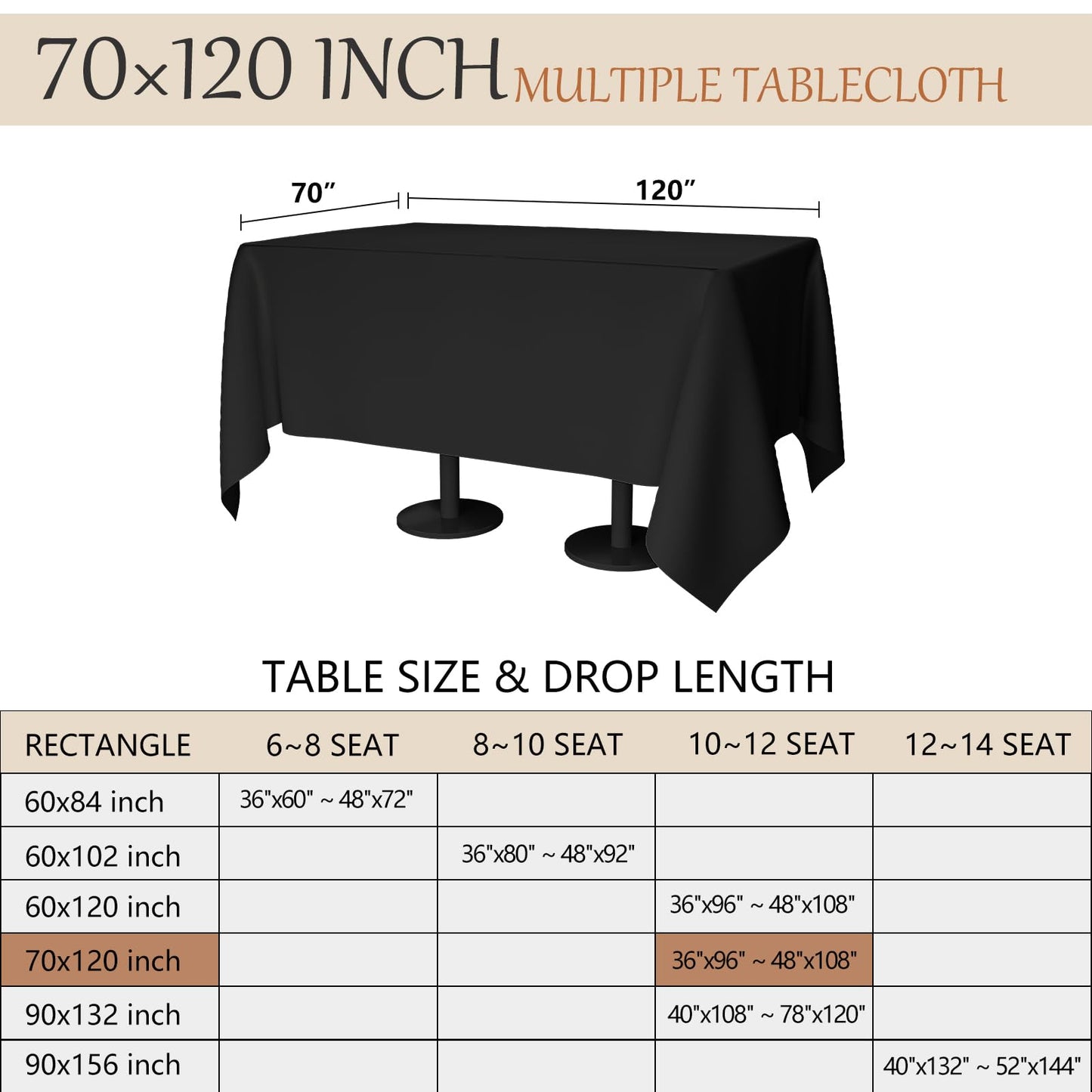 Winwingo 70x120 Table Cloth - 6 Pack Rectangular Black Washable Stain and Wrinkle Resistant Polyester Table Cover for Dining Tables, Various Parties and Camping (Black)