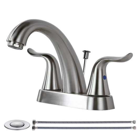 WOWOW Bathroom Faucet 2 Handle 4 Inch Centerset Bathroom Sink Faucet, Lead-Free Basin Mixer Tap with Lift Rod Drain Stopper, 2 Handle Centerset Lavatory Faucet Brushed Nickel Vanity Faucet