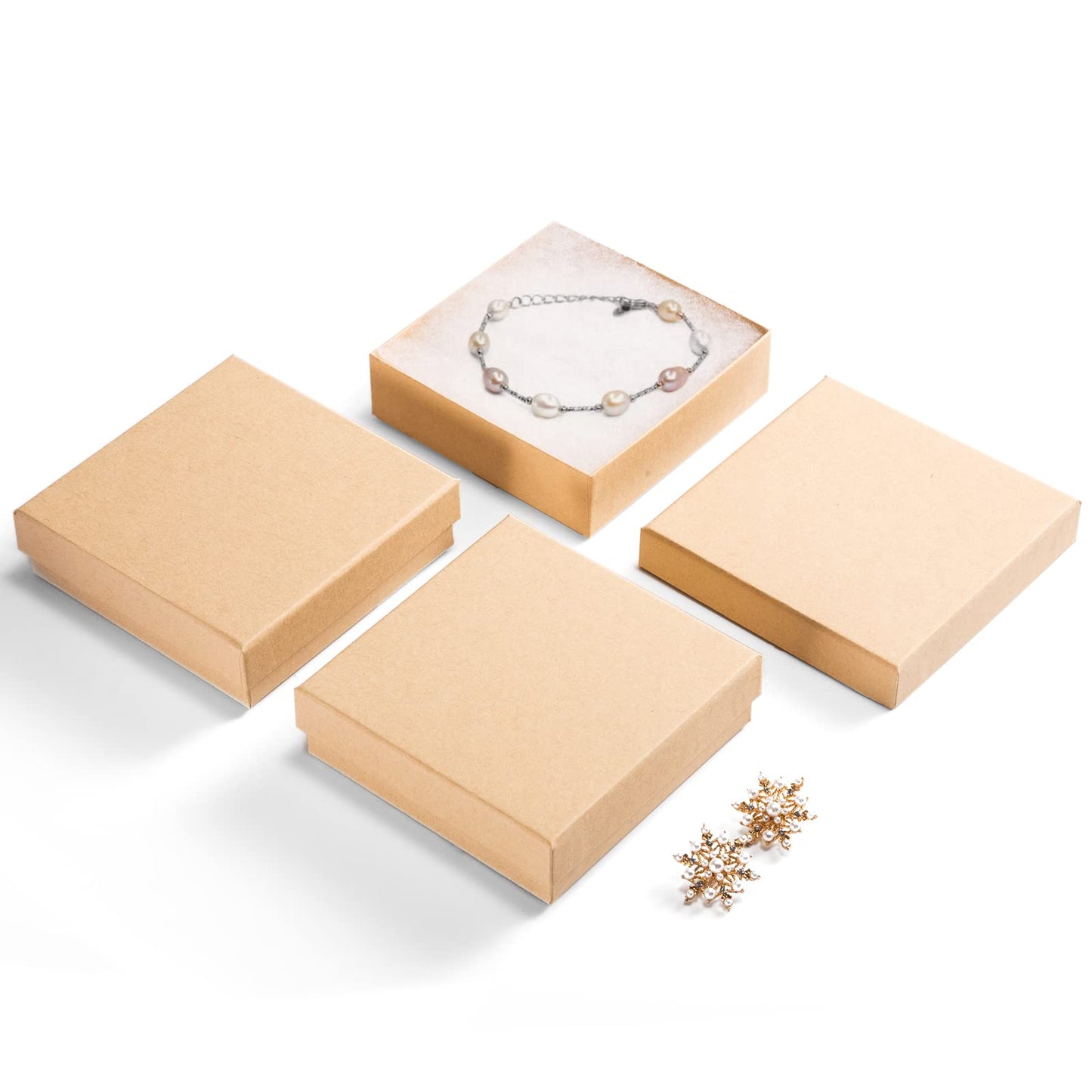 MESHA Jewelry Boxes Bulk 96PC, Matte Cardboard Gift Boxes, Cotton Filled Box with Lids, Brown 3.5x3.5x1 Inch, Bulk Square Small Kraft Gift Boxes