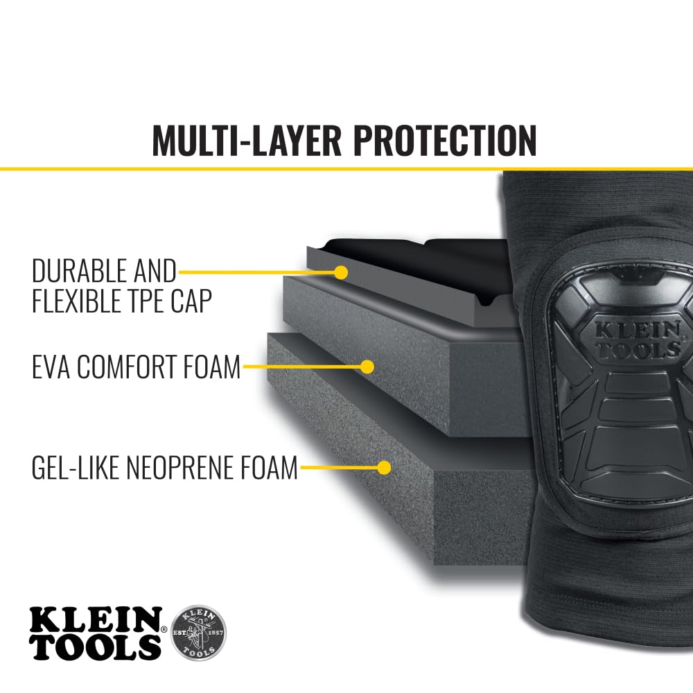 Klein Tools 60629 Tough-Flex Knee Sleeves for Work, Construction, Low-Profile Sleeve with Zipper, Gel-Like Foam, Black, M/L