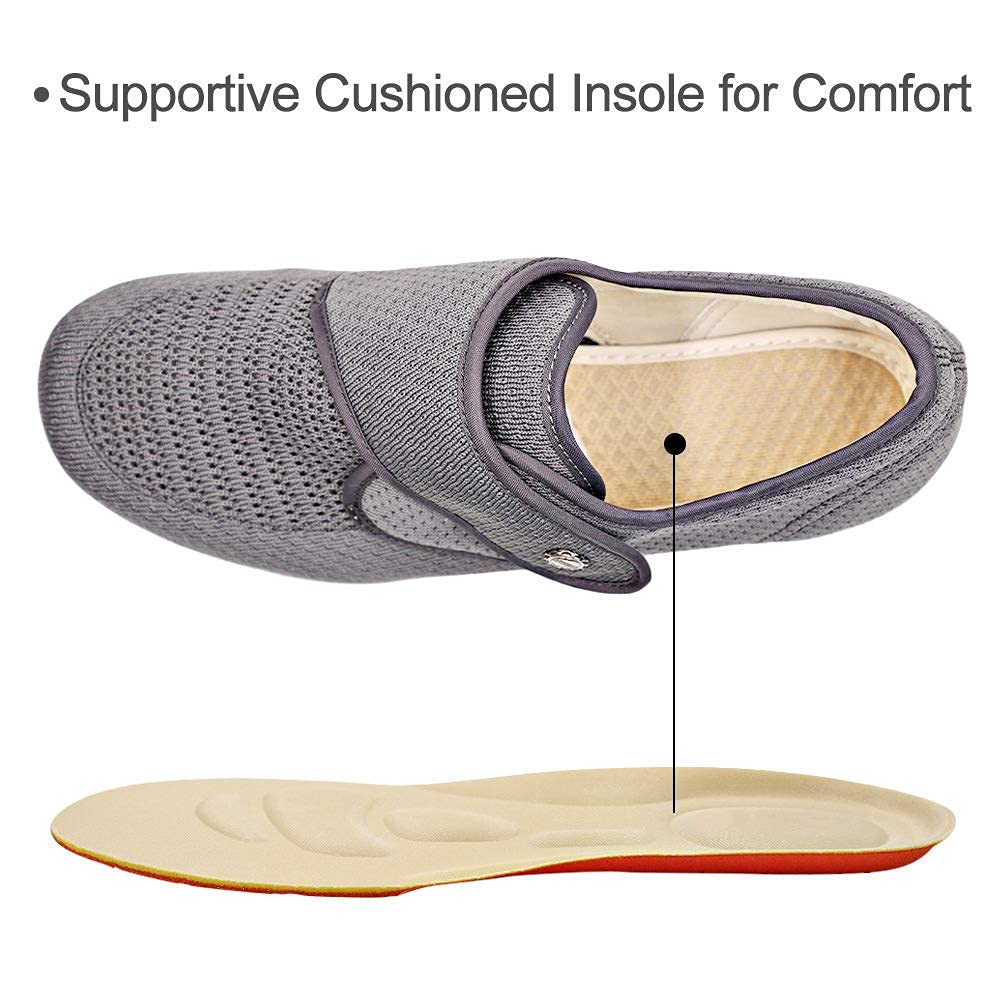 Orthoshoes Women's Diabetic Elderly Shoes Mesh Breathable Walking Sneakers Lightweight Adjustable Easy On and Off Strap Summer Slippers for Swollen Feet, Edema, Foot Pain, Bunions, Grey, 7