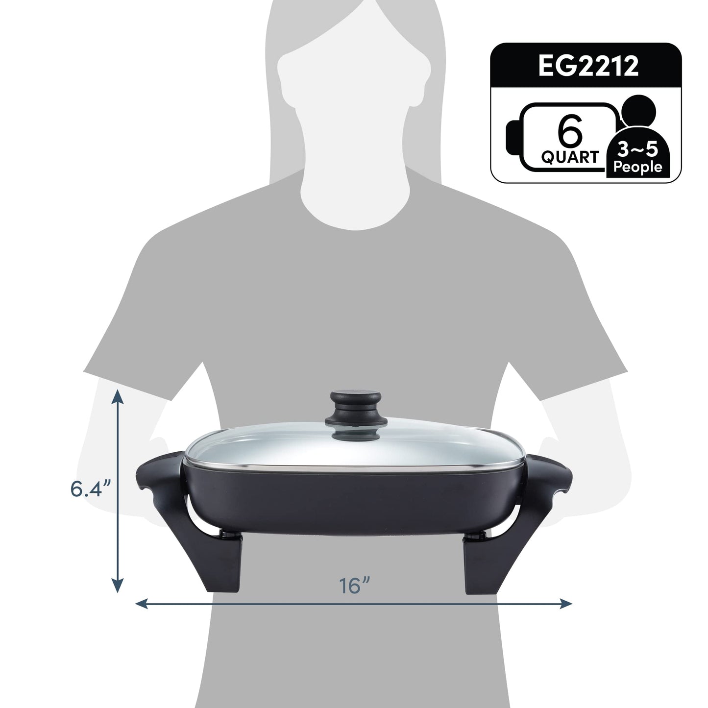 Elite Gourmet 12"x12"x2.15” Ceralast™ PFAS Free Ceramic Electric Skillet, Dishwasher Safe, Rapid Heat Up, 1200W, Dark Grey