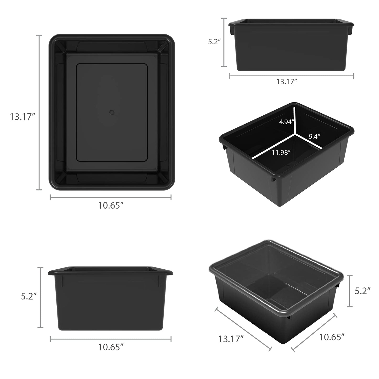 Storex Letter Size Deep Storage Tray – Organizer Bin with Non-Snap Lid for Classroom, Office and Home, Black, 5-Pack (62543A05C), 10 x 13 x 5 Inches