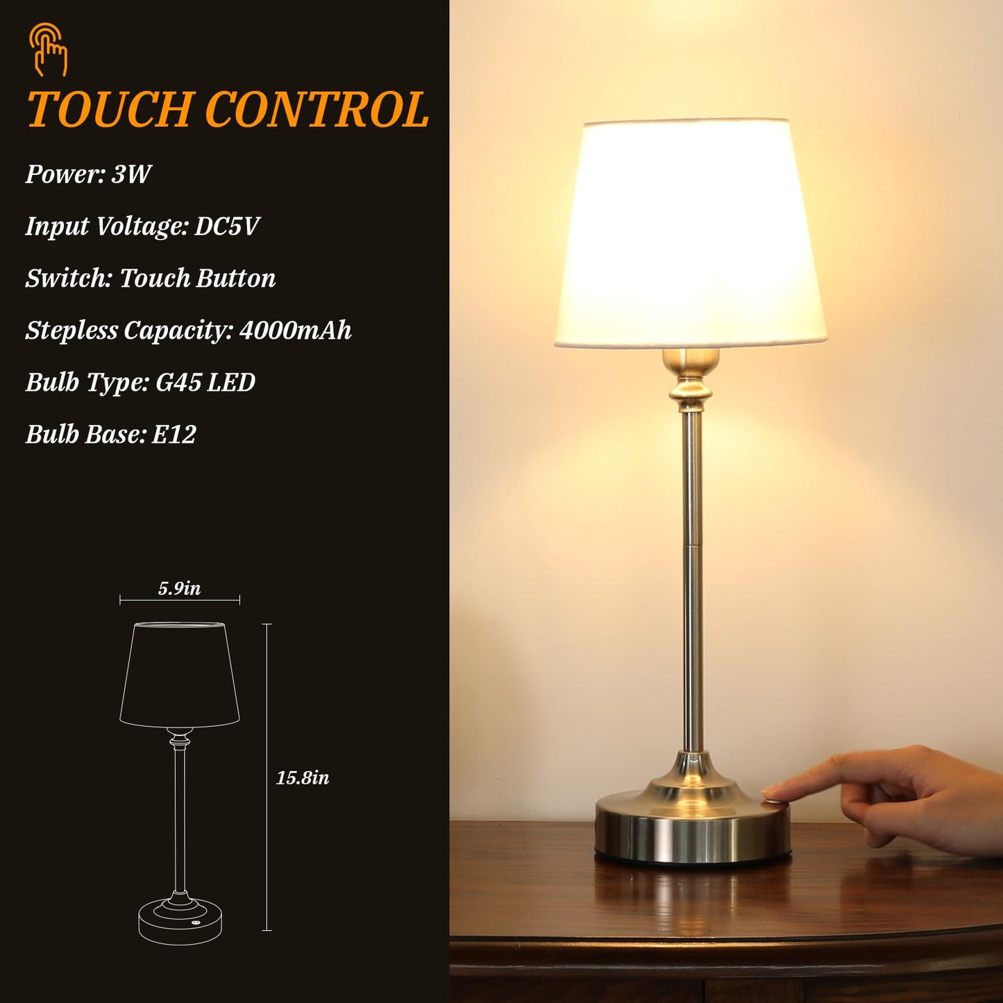 Kakanuo Cordless Table Lamp Rechargeable Silver - 1 Pack 4000mAH Battery Operated Lamp for Decor, 3000K Stepless Dimming Touch Control Wireless Lamp for Bedroom, Dining Table, Counter, Living Room
