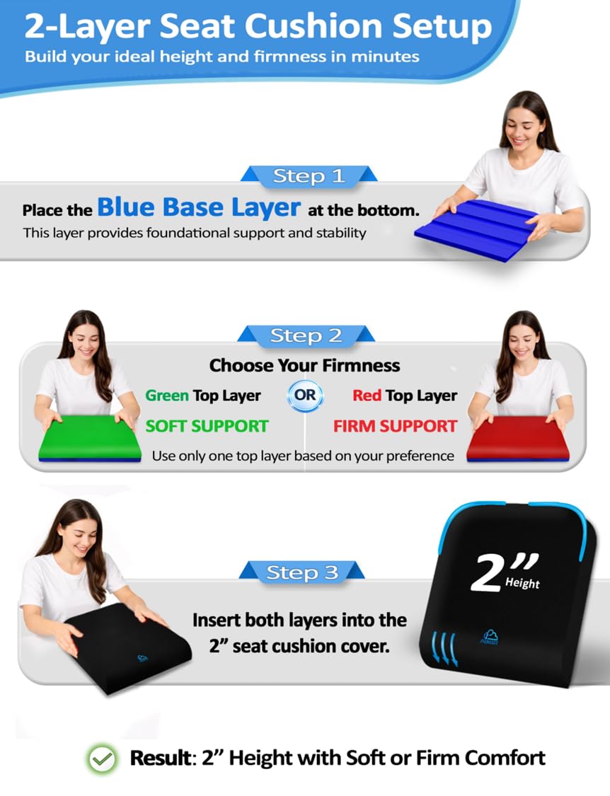Adjustable Memory Foam Seat Cushion, Custom Height & Firmness, Ergonomic Office Chair Cushion for Back, Coccyx, Sciatica & Tailbone Pain Relief – Ideal for Office Chair, Car Seat, Wheelchair, Recliner