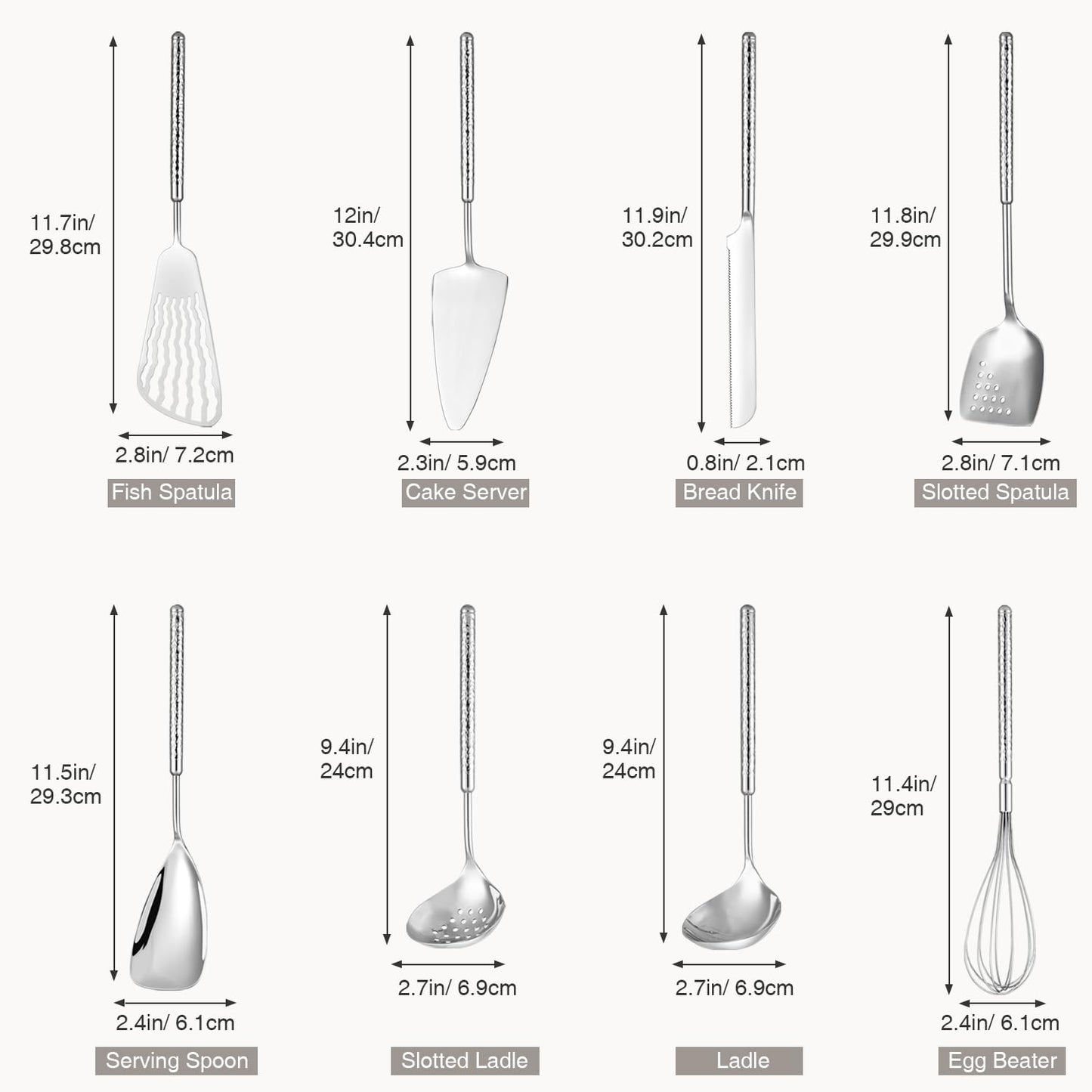 304 Stainless Steel Cooking Utensils Set, HIFIND 8PCS Kitchen Utensils Set, Luxury Kitchen Utensils, Deep Ladle, Skimmer, Slotted Spatula, Fish Spatula, Serving Spoon, Whisk, Bread Knife, Cake Server