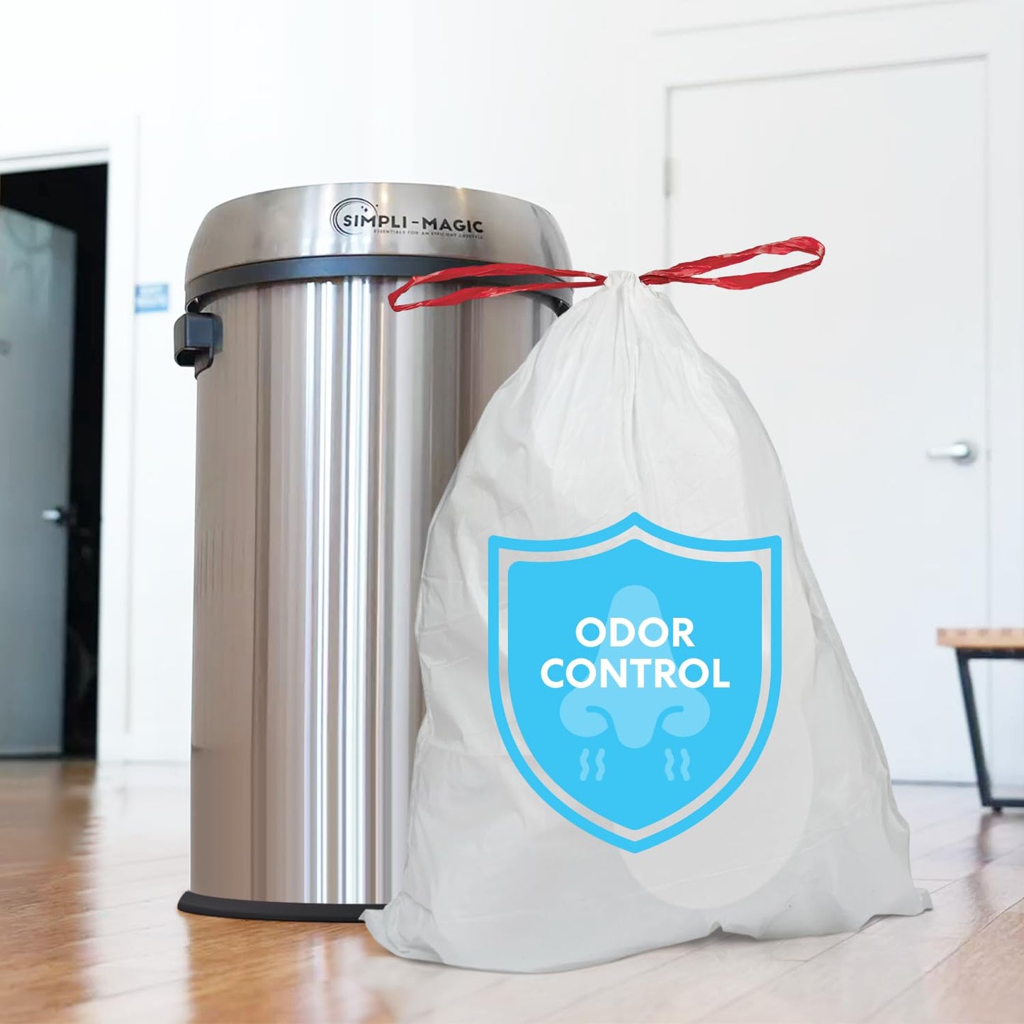 Simpli-Magic 17 Gallon Drawstring Trash Bags, Code C, 120 Pack – Tall Kitchen Garbage Bags, Custom Made with Premium Materials (White)