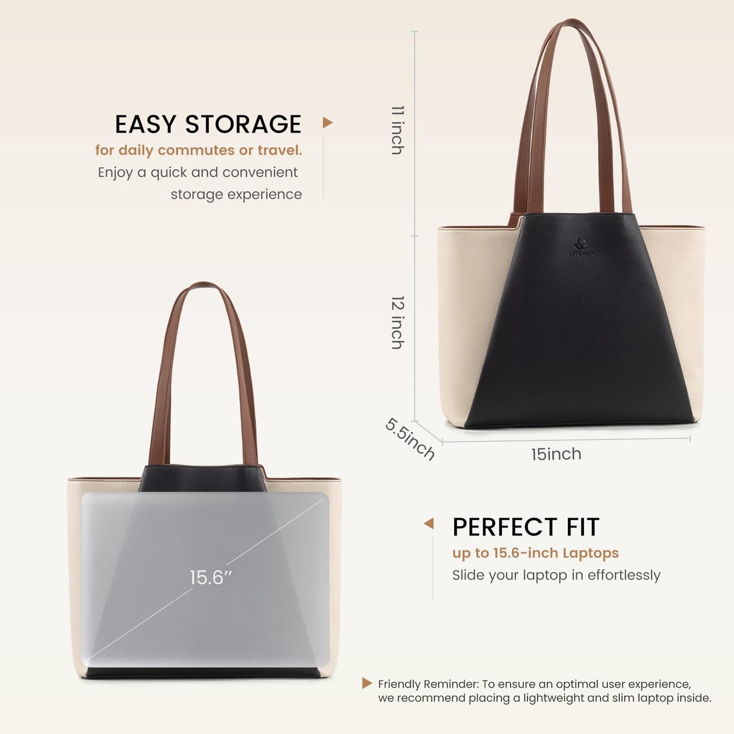 LOVEVOOK Laptop Tote Bag for Women 15.6 Inch Work Bag Leather Laptop Bag with Clutch, Large Capacity Office Purse Computer Briefcase Shoulder Bag for Casual Business Travel, Beige & Black