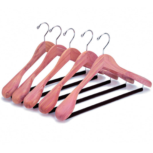 Amber Home 5 Pack American Red Cedar Wood Coat, Suit Hangers with Extra Wide Shoulder, Wooden Jacket Clothes Hanger Smooth Deluxe Aromatic Natural Cedar with Non Slip Velvet Pant Bar