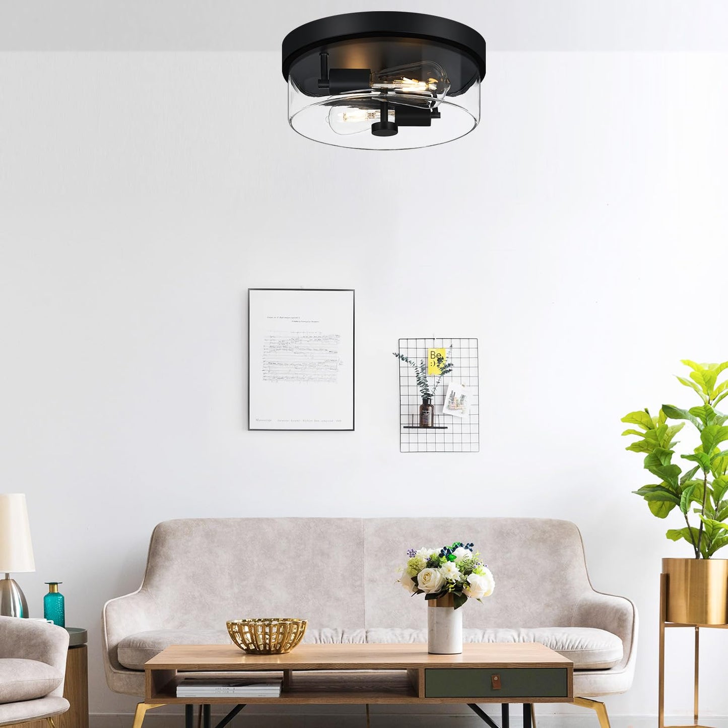szzgco Flush Mount Ceiling Light Fixtures, 2-Light Black Ceiling Mount for Farmhouse with Clear Glass Lampshade, Industrial Flush Mount Light Fixture for Hallway, Kitchen, Entryway and Foyer